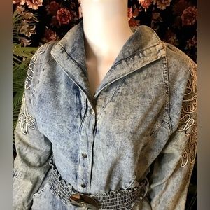 La Tierra Embroidered Denim Snap Button Utility Jumpsuit w/ Belt & Shoulder Pads